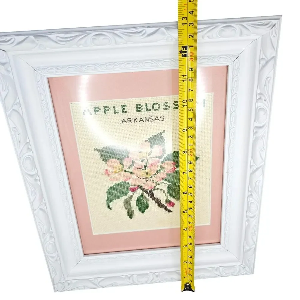 Apple Blossom Arkansas Cross Stitch Framed Wall Art 13x11 Pink Mat White Frame